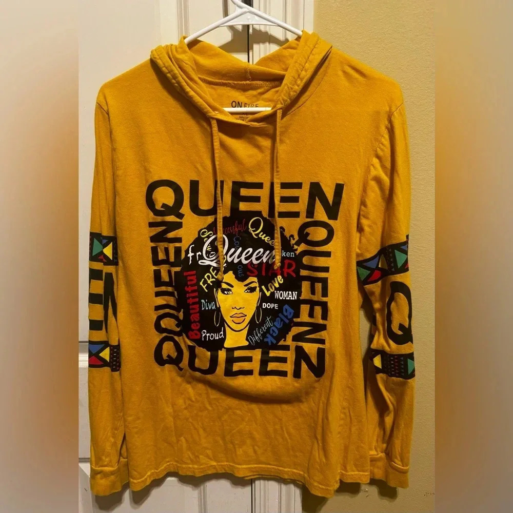 On Fire Queen Yellow Long Sleeve Hoodie T-Shirt Sz XL